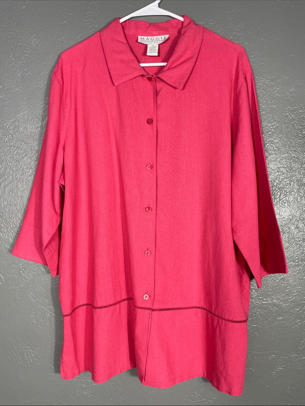 Maggie McNaughton Linen Rayon Button Front Tunic Shirt Pink 1X Resort Vacation